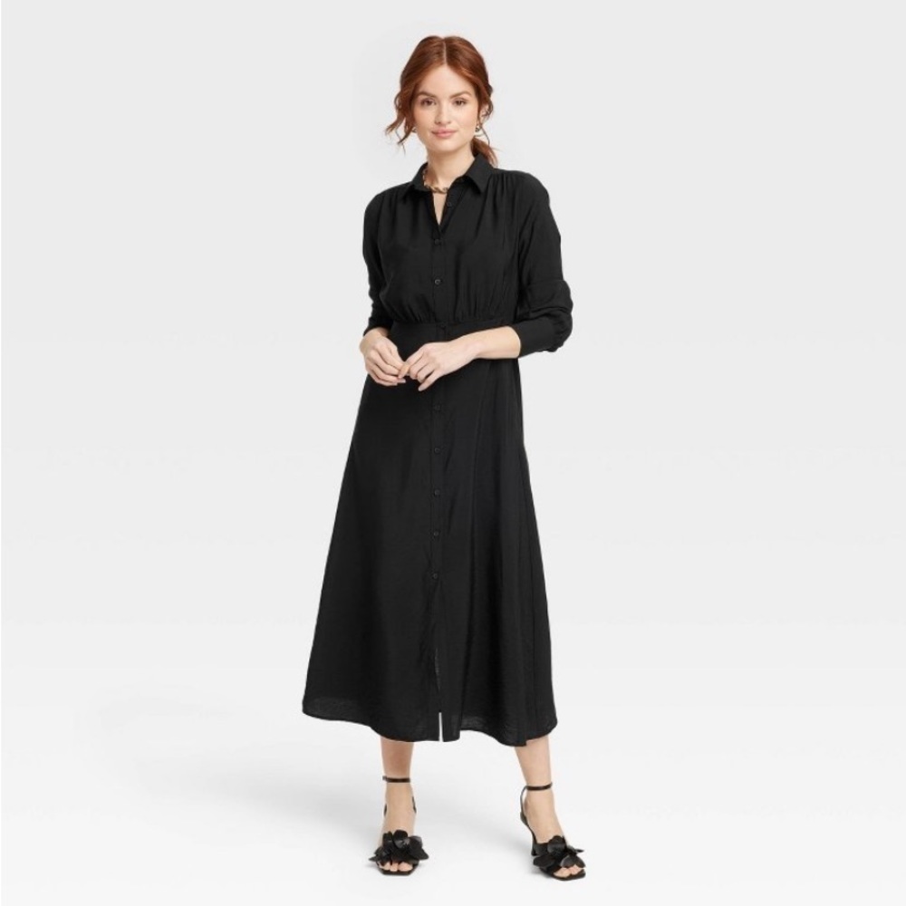 Women's Long Sleeve Collared Midi Crepe
Shirtdress - A New Day™ Black new
